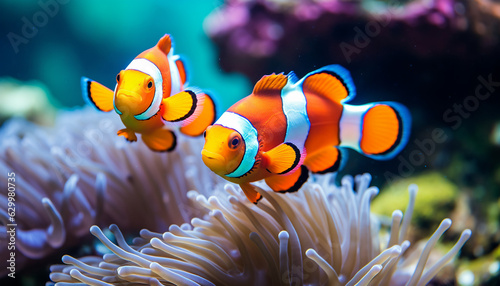 Fotografie, Obraz clown fish close up among corals in the ocean made with Generative AI