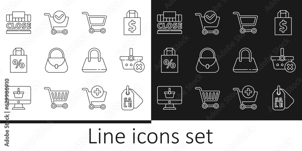 Set line Price tag with Sale, Remove shopping basket, Shopping cart, Handbag, Shoping percent discount, building text closed, and check mark icon. Vector