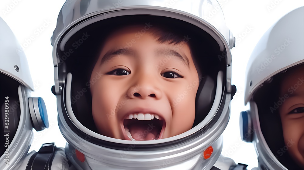 Three children pretending to be an astronaut wearing a space helmet isolated on white background. Happy children smile and wearing astronaut helmet. Three children pretending to be an astronaut wearing a space helmet isolated on white background. Happy children smile and wearing astronaut helmet.