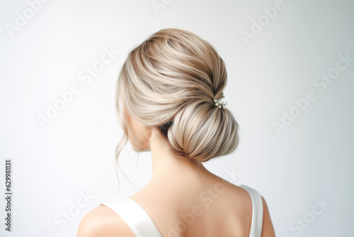 a young woman chignon hairstyle, accentuated by a striking accessory, creating a timeless and sophisticated beauty.