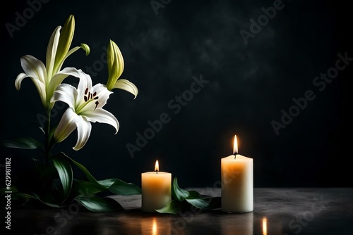 Beautiful lily and burning candle on dark background with space for text. Funeral white flowers