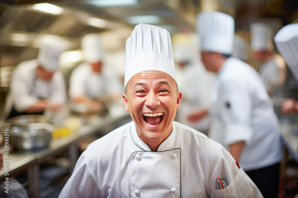 Amidst the bustling kitchen atmosphere, the jovial chef shares a playful prank with his fellow cooks, creating a lighthearted ambiance filled with camaraderie and smiles.