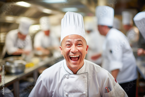 Amidst the bustling kitchen atmosphere  the jovial chef shares a playful prank with his fellow cooks  creating a lighthearted ambiance filled with camaraderie and smiles.