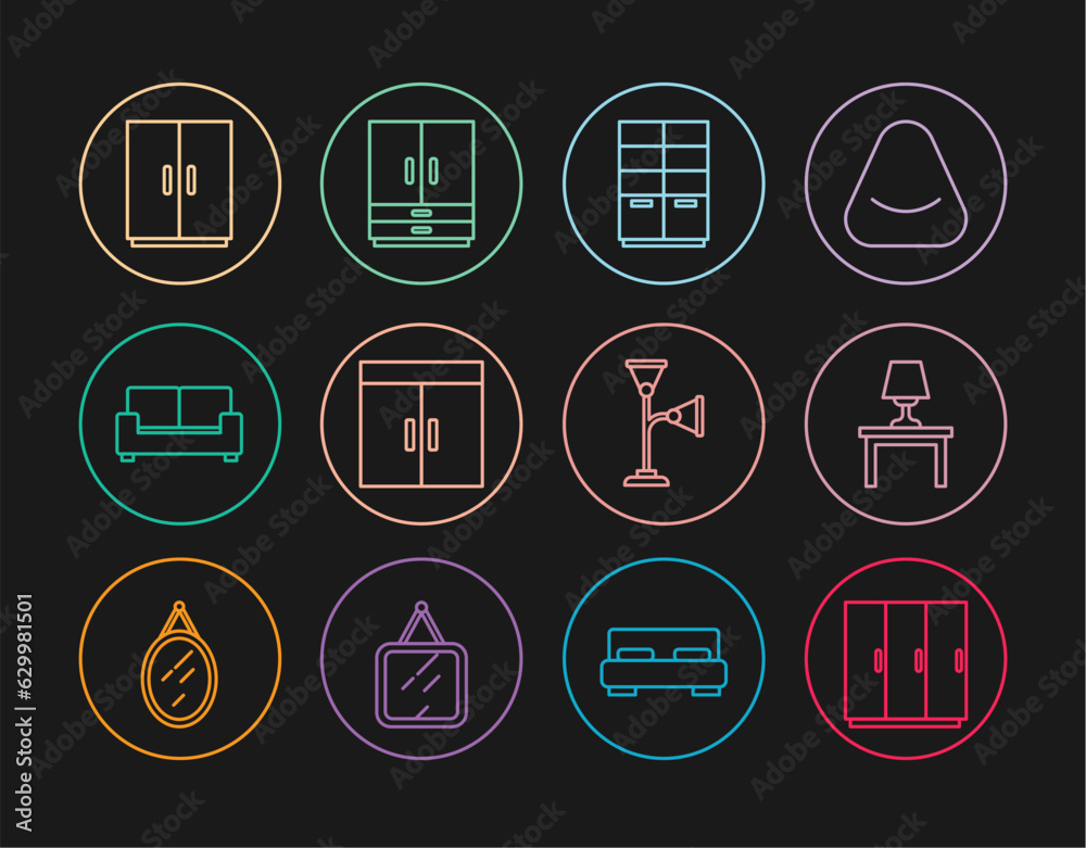 Set line Wardrobe, Table lamp on table, Sofa, Floor and icon. Vector Set line Wardrobe, Table lamp on table, Sofa, Floor and icon. Vector