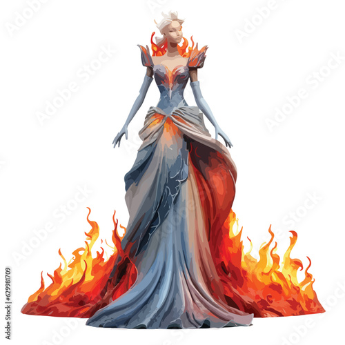 Envision an alluring woman who embodies the elements of fire and ice, her presence exuding both power and grace. Her attire is a masterpiece, featuring a fiery dress that flickers with dancing flames 