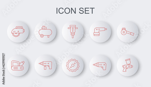 Set line Paint spray gun, Electric planer tool, Construction jackhammer, cordless screwdriver, circular saw, Air compressor, drill machine and Circular blade icon. Vector