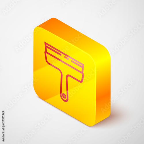 Isometric line Cleaning service with of rubber cleaner for windows icon isolated on grey background. Squeegee, scraper, wiper. Yellow square button. Vector Illustration