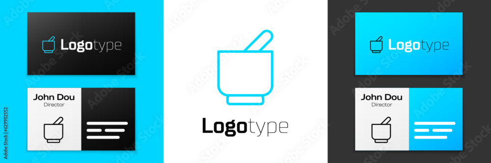 Blue line Mortar and pestle icon isolated on white background. Logo design template element. Vector Blue line Mortar and pestle icon isolated on white background. Logo design template element. Vector