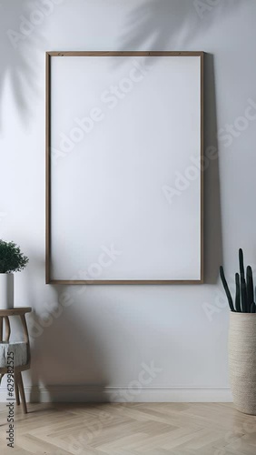 video mockup, picture frame blank template, poster print wooden frame mock up, wall art canvas showcase, artwork painting photo presentation, vertical, cozy boho living room, minimalist aesthetic
