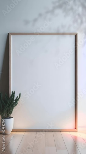 	
video mockup, picture frame blank template, poster print wooden frame mock up, wall art canvas showcase, artwork painting photo presentation, vertical, cozy boho living room, minimalist aesthetic