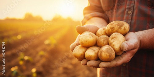 Murais de parede close up of farmer holding potatoes in hands on harvest field background at sunset