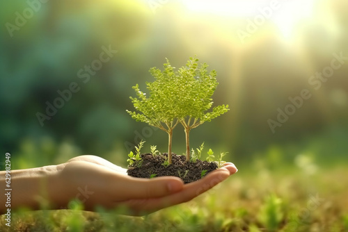 hands hold plants and soil for planting trees, environmental conservation concept Protect and preserve resources plant trees to reduce global warming. conservation of natural forests. Generative AI