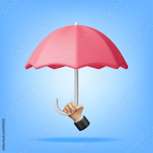 3D Classic Red Umbrella in Hand Isolated. Render Umbrella Personal Accessory. Protection from Rain, Insurance Symbol. Realistic Vector illustration