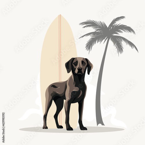 dog standing with surfboard vector flat isolated illustration