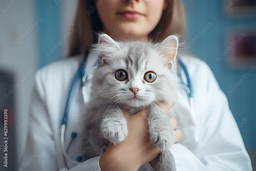 Veterinarian woman holding cute adorable fluffy kitten in pet clinic Veterinarian woman holding cute adorable fluffy kitten in pet clinic