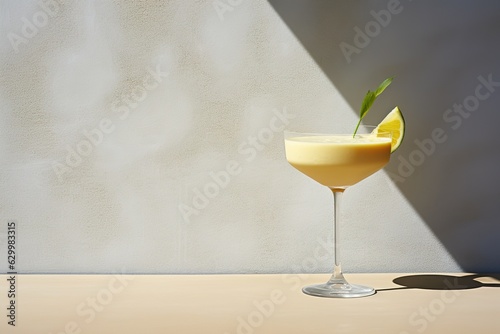 Glass of freshly made banana daiquiri cocktail with lime on gray concrete wall background photo