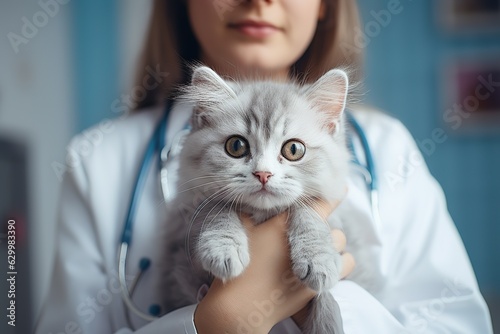 Veterinarian woman holding cute adorable fluffy kitten in pet clinic