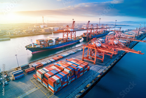An industrial port scene, with cargo cranes loading containers onto ships, highlighting the efficient shipping and transportation operations.