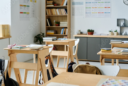 Empty class with desks in elementary school