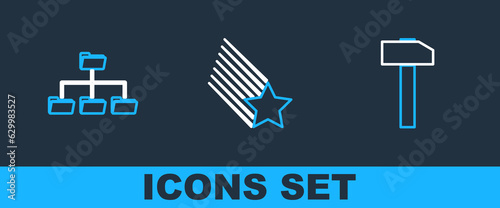 Set line Hammer, Folder tree and Falling star icon. Vector