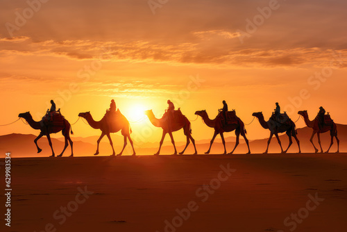 breathtaking view of a camel caravan riding through the Moroccan desert at sunset, creating stunning silhouettes against the colorful sky.