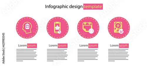 Set line Financial calendar, Hard disk drive with clockwise, Flight mode the mobile and Head low battery icon. Vector