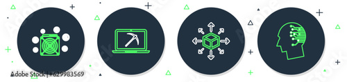 Set line Mining with laptop and pickaxe, Distribution, ASIC Miner and Bitcoin think icon. Vector