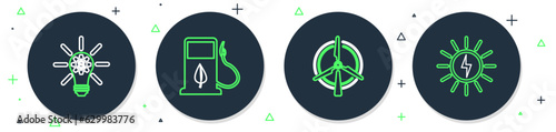 Set line Bio fuel with fueling nozzle, Rotating wind turbine, Light bulb gear and Solar energy panel icon. Vector