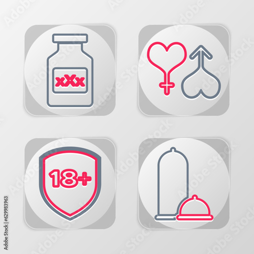 Set line Condoms safe sex  Shield with 18 plus  Male and female heart and Bottle pills for potency icon. Vector