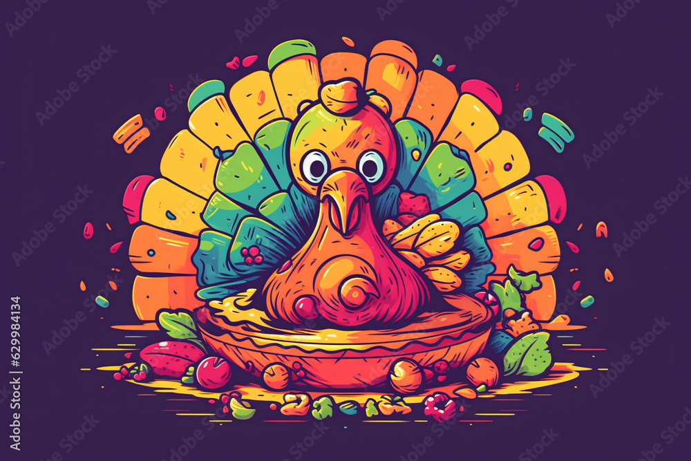 Thanksgiving pattern featuring turkeys, pumpkins and leafs, in the style of colorful