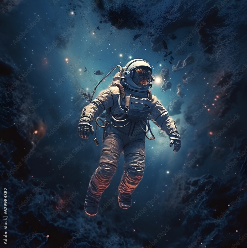 Photo of an astronaut going into outer space against a background of glowing stars and asteroids.