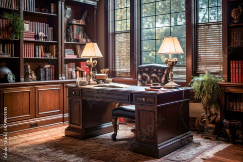 A vintage table in the library, adorned with classic books and surrounded by old wooden cabinets, providing an inspiring and enriching interior for a true book lover's haven.