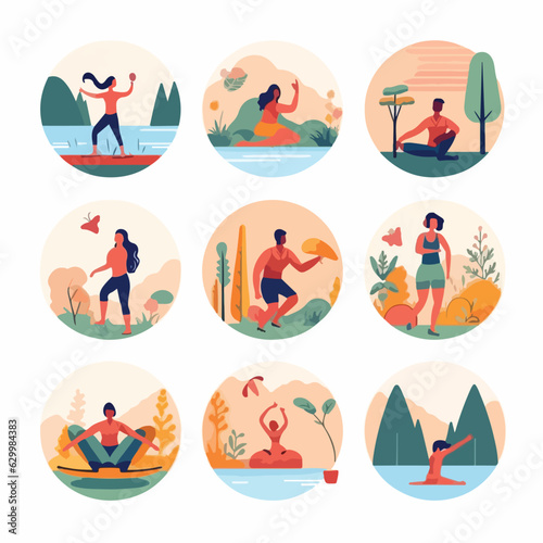 Fitness, yoga and meditation. Vector illustrations of a healthy lifestyle, proper nutrition, people involved in sports in nature, at home and in the studio