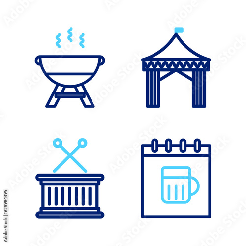 Set line Saint Patricks day calendar, Musical drum and sticks, Camping tent and Barbecue grill icon. Vector
