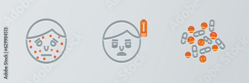 Set line Medicine pill or tablet, Face with psoriasis eczema and Fatigue icon. Vector