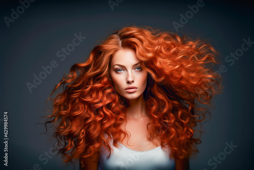 A stunning model with bright red curly hair, showcasing the beauty and glamour of her unique hairstyle.