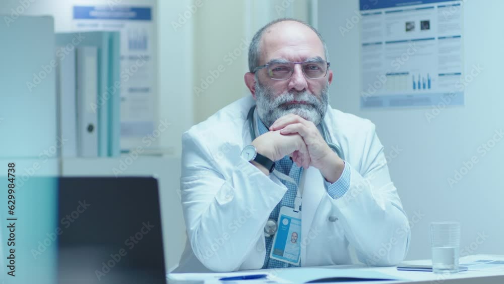 Senior doctor wearing medical coat sitting at desk in clinic, resting chin on hands and posing for camera during working day. Video portrait, medium shot Senior doctor wearing medical coat sitting at desk in clinic, resting chin on hands and posing for camera during working day. Video portrait, medium shot