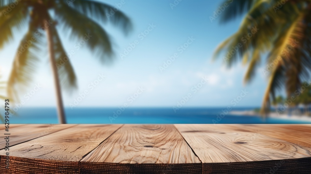 Wooden table top on blurry background of sea island and fresh blue sky, coconut tree wooden sky with clouds on background - For product display montage of your products.