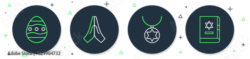 Set line Hands in praying position, Star of David necklace chain, Easter egg and Jewish torah book icon. Vector