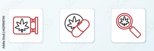 Set line Magnifying glass and marijuana, Marijuana cannabis store and Herbal ecstasy tablets icon. Vector