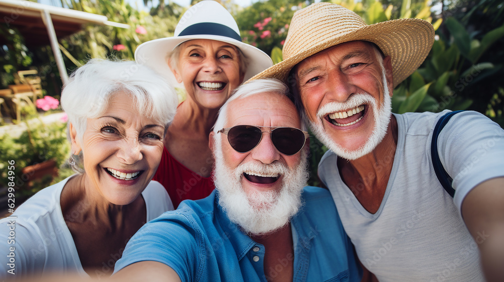 Feliz grupo de idosos sorrindo para a câmera ao ar livre - Amigos mais velhos tirando foto de selfie com dispositivo de telefone móvel inteligente - Conceito de estilo de vida com aposentados se diver - obrazy, fototapety, plakaty 