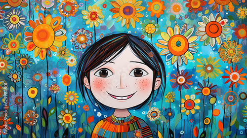 criança feliz sorridente em jardim de flores arte abstrata colorida, divertida 