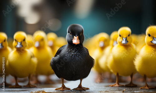One black duck in a row of yellow ducks,Diversity concept, Standing out of the crowd. Cute animal backgroud concept