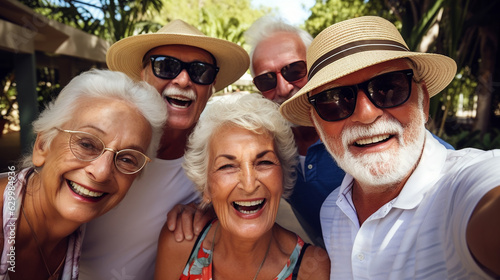 Feliz grupo de idosos sorrindo para a câmera ao ar livre - Amigos mais velhos tirando foto de selfie com dispositivo de telefone móvel inteligente - Conceito de estilo de vida com aposentados se diver photo