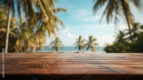 Wooden table top on blurry background of sea island and fresh blue sky  coconut tree wooden sky with clouds on background - For product display montage of your products.