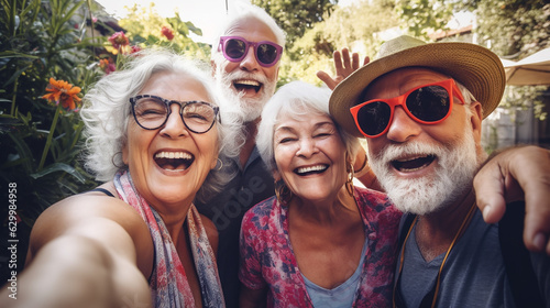 Feliz grupo de idosos sorrindo para a câmera ao ar livre - Amigos mais velhos tirando foto de selfie com dispositivo de telefone móvel inteligente - Conceito de estilo de vida com aposentados se diver photo