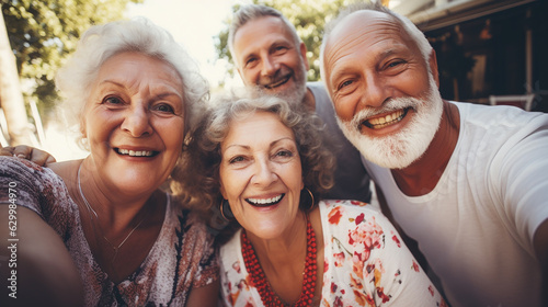 Feliz grupo de idosos sorrindo para a câmera ao ar livre - Amigos mais velhos tirando foto de selfie com dispositivo de telefone móvel inteligente - Conceito de estilo de vida com aposentados se diver