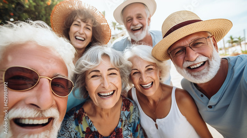 Feliz grupo de idosos sorrindo para a câmera ao ar livre - Amigos mais velhos tirando foto de selfie com dispositivo de telefone móvel inteligente - Conceito de estilo de vida com aposentados se diver