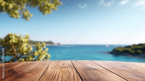 Wooden table top on blurry background of sea island and fresh blue sky, coconut tree wooden sky with clouds on background - For product display montage of your products. © ND STOCK