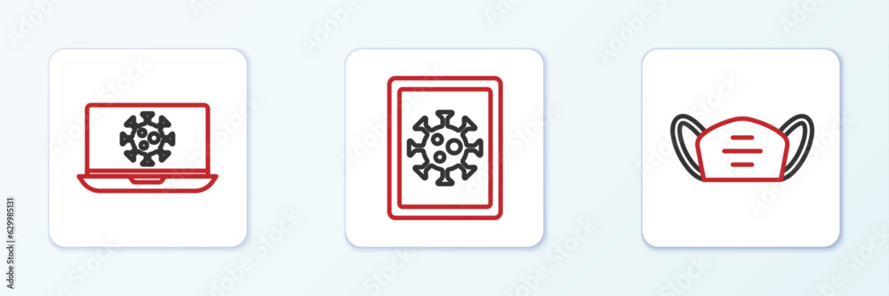Set line Medical protective mask, Virus statistics on laptop and monitor icon. Vector Set line Medical protective mask, Virus statistics on laptop and monitor icon. Vector